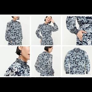NWT J.Crew blue white floral Bishop long sleeve chiffon smocked blouse mock neck
